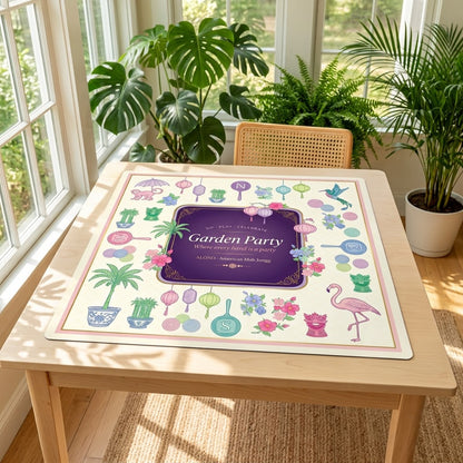 Lantern Garden Party mahjong mat on a table in a bright sunroom