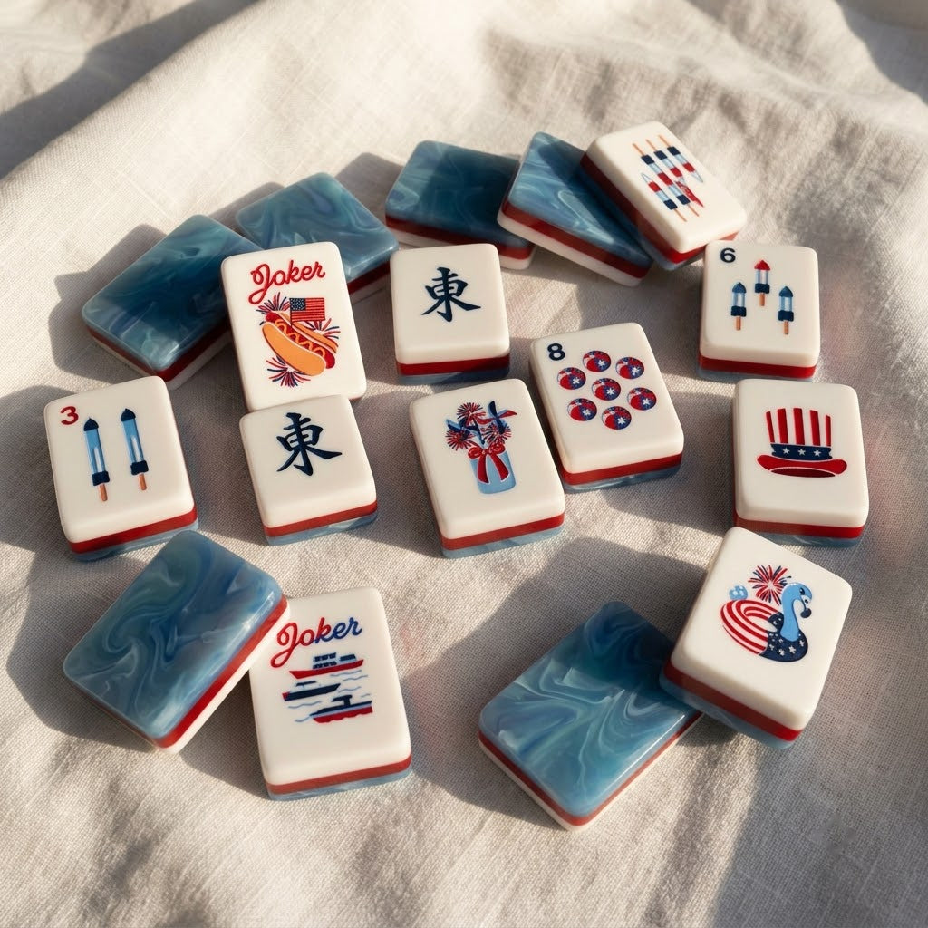 Tiles scattered on white linen