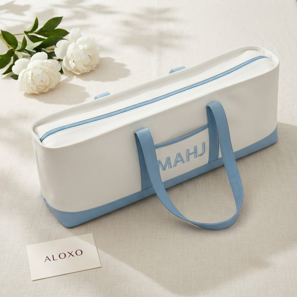 Long white mahjong tote with sky blue trim and MAHJ front pocket