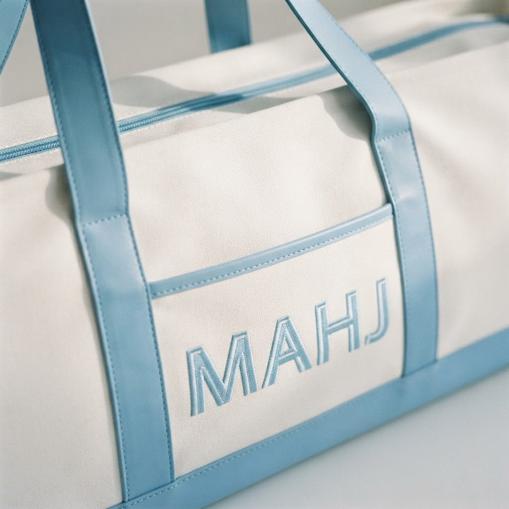 Close-up of the MAHJ lettering on the front pocket