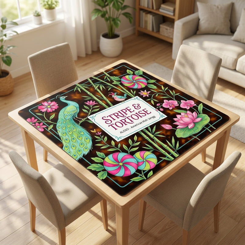 Lotus Stripe & Tortoise mahjong mat on a card table with four chairs in a living room
