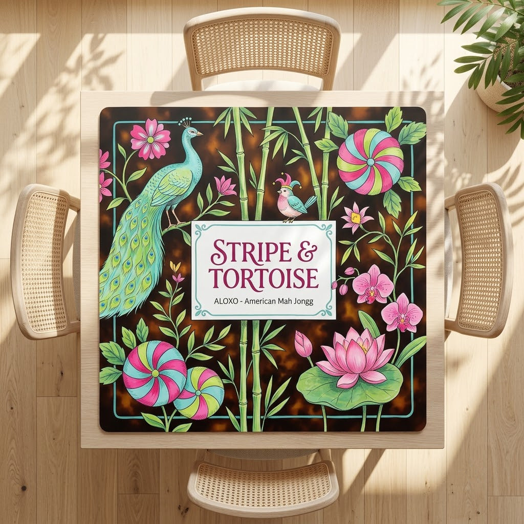 Lotus Stripe & Tortoise mahjong mat on a square card table with four chairs, seen from above