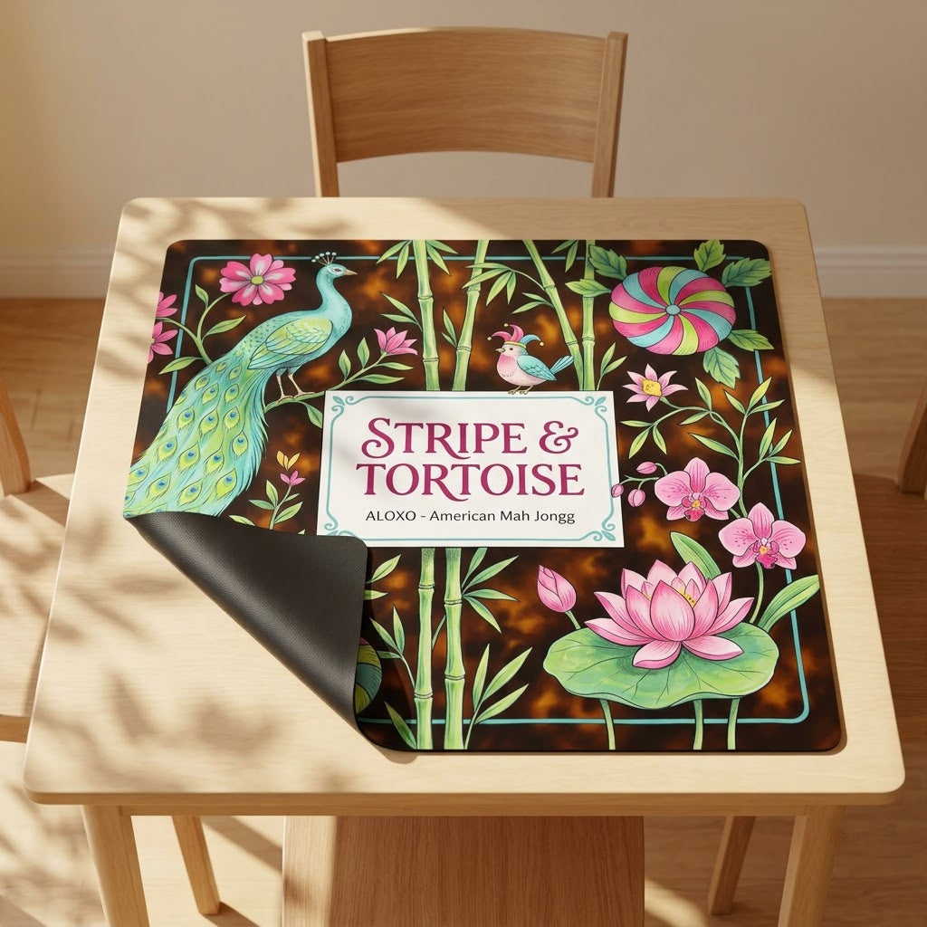 Lotus Stripe & Tortoise mahjong mat with one corner folded back to show the black rubber underside