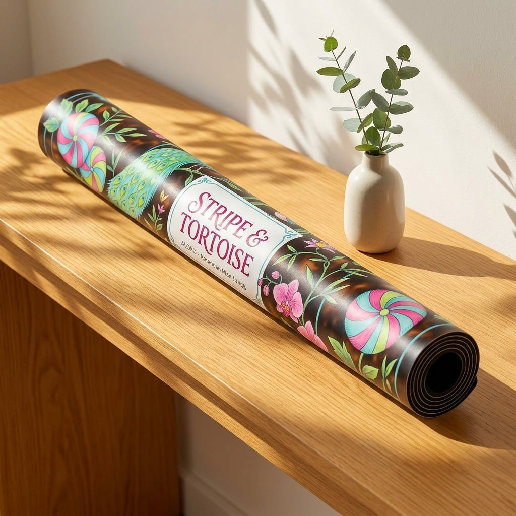 Lotus Stripe & Tortoise mahjong mat rolled up on a console table