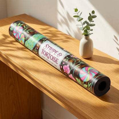 Lotus Stripe & Tortoise mahjong mat rolled up on a console table