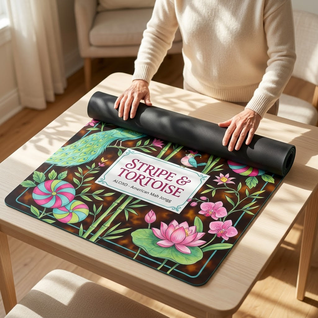 Woman unrolling the Lotus Stripe & Tortoise mahjong mat across a card table