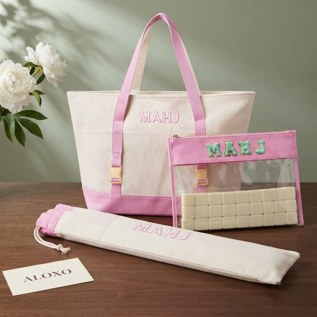 All three pieces of the Mahjong Day-Bag Set: canvas carryall, clear tile pouch and drawstring rack bag