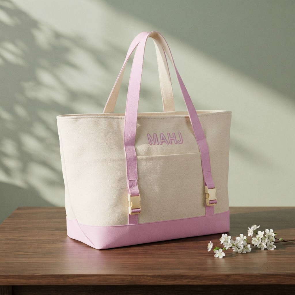 The canvas carryall of the Mahjong Day-Bag Set, standing upright