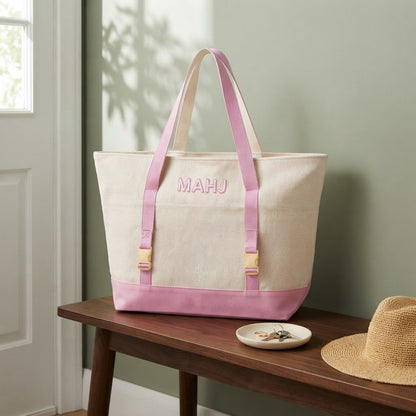 The canvas carryall of the Mahjong Day-Bag Set on an entry bench by the front door