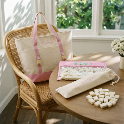 The Mahjong Day-Bag Set at a sunroom game table with blank ivory tiles