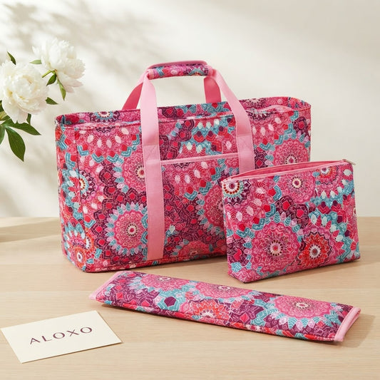 All three pieces of the pink mandala Mahjong Travel Set: tote, zip tile pouch and long rack pouch