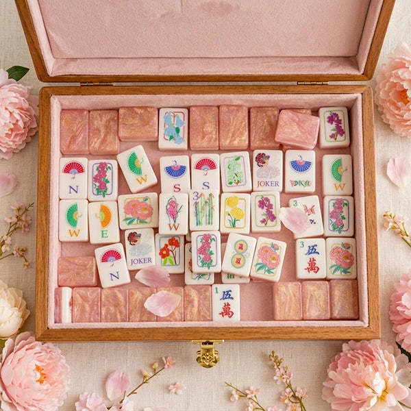 NEW 160-Piece Luxury Mahjong Tile Set, Glossy Shell Back Mahjong Tiles, Pink Floral Mahjong Set