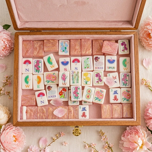 NEW 160-Piece Luxury Mahjong Tile Set, Glossy Shell Back Mahjong Tiles, Pink Floral Mahjong Set