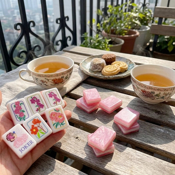 NEW 160-Piece Luxury Mahjong Tile Set, Glossy Shell Back Mahjong Tiles, Pink Floral Mahjong Set