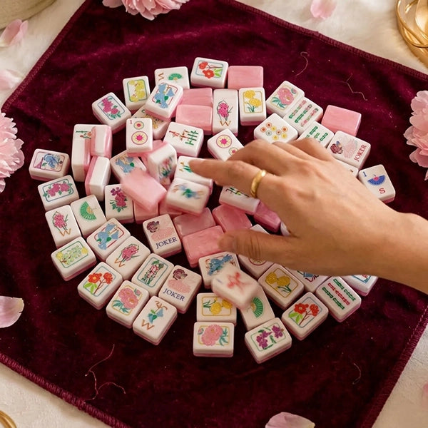 NEW 160-Piece Luxury Mahjong Tile Set, Glossy Shell Back Mahjong Tiles, Pink Floral Mahjong Set