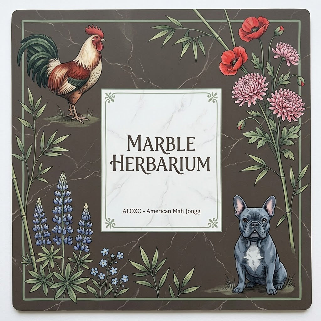 Marble Herbarium Garden mahjong mat, full printed artwork seen from above