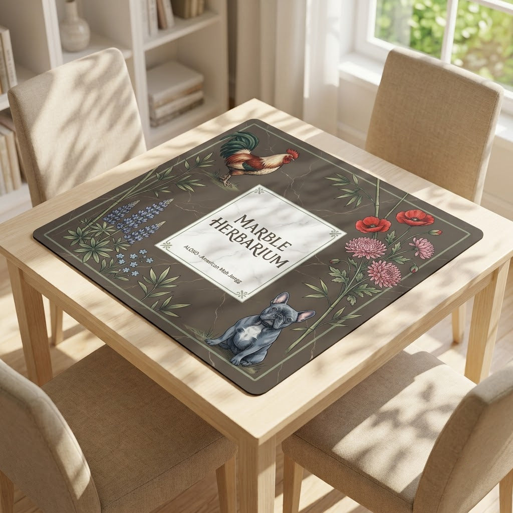 Marble Herbarium Garden mahjong mat on a card table with four chairs in a living room