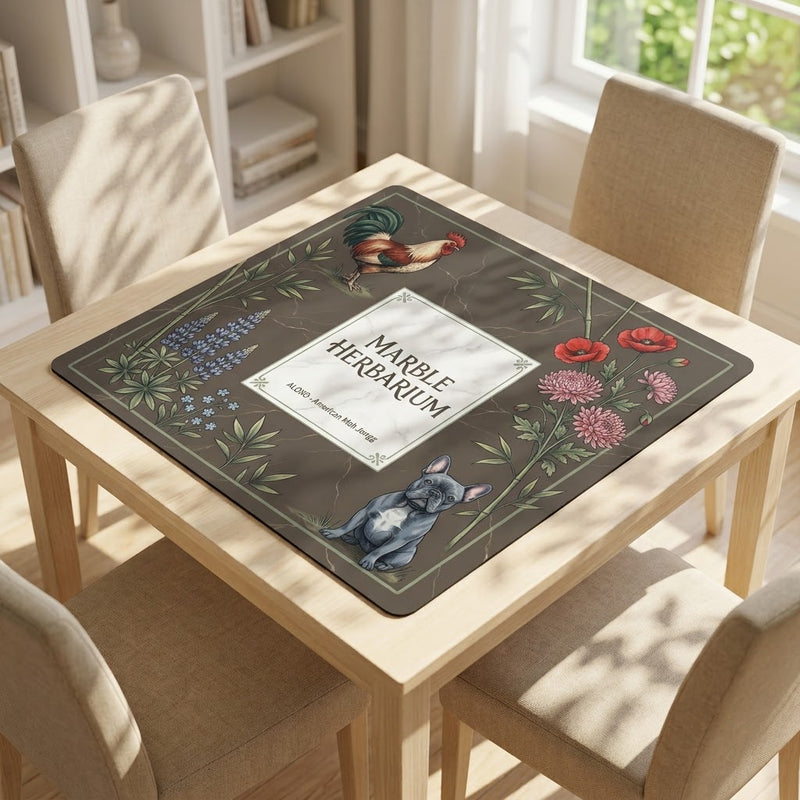 Marble Herbarium Garden mahjong mat on a card table with four chairs in a living room