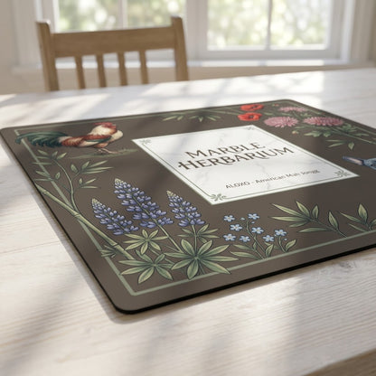 Low-angle view of the Marble Herbarium Garden mahjong mat lying flat on a table