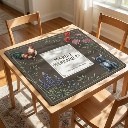 Marble Herbarium Garden mahjong mat covering a square card table, angled view