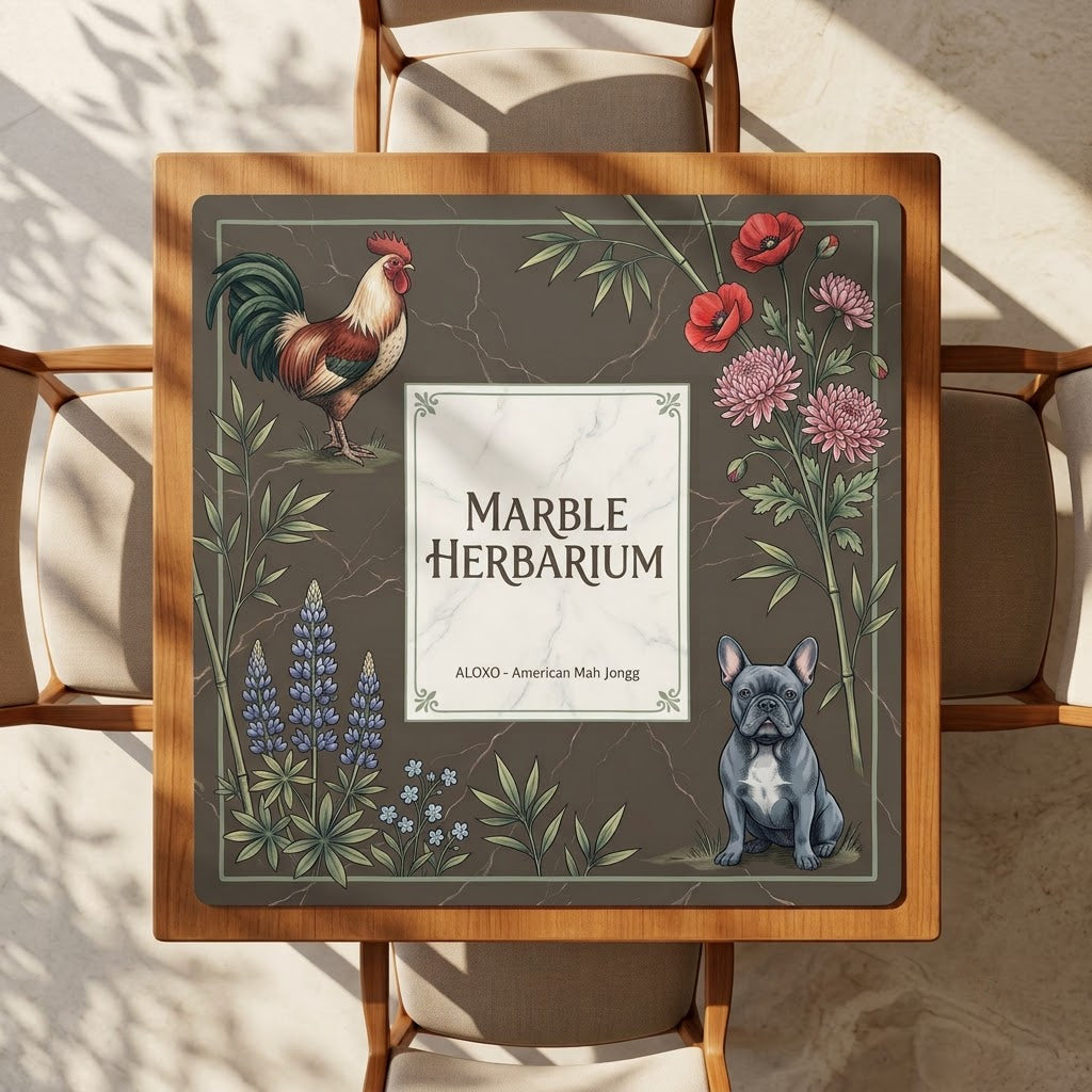 Marble Herbarium Garden mahjong mat on a square card table with four chairs, seen from above
