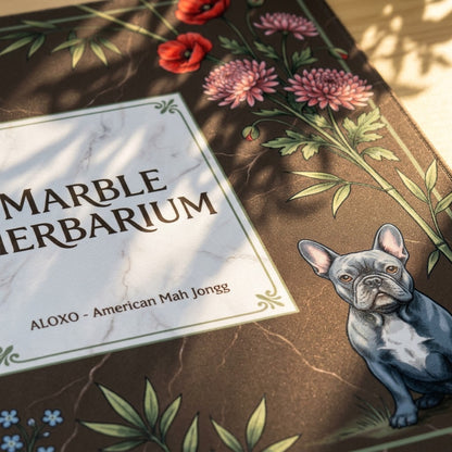 Close-up of the printed artwork on the Marble Herbarium Garden mahjong mat