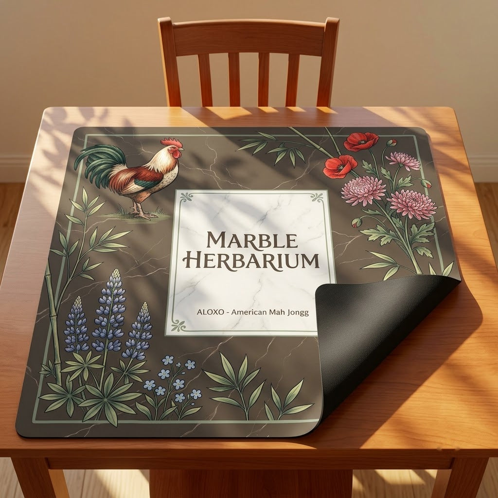Marble Herbarium Garden mahjong mat with one corner folded back to show the black rubber underside