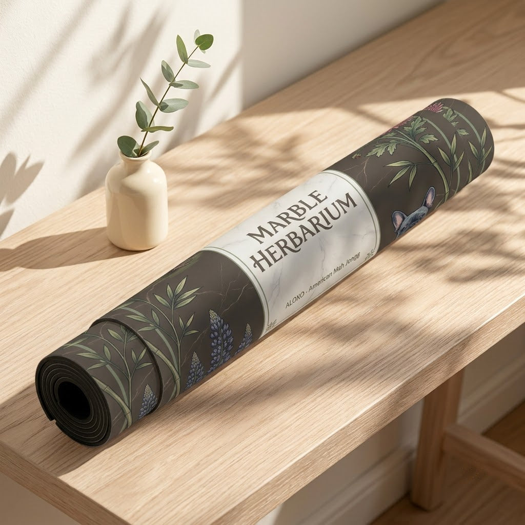 Marble Herbarium Garden mahjong mat rolled up on a console table