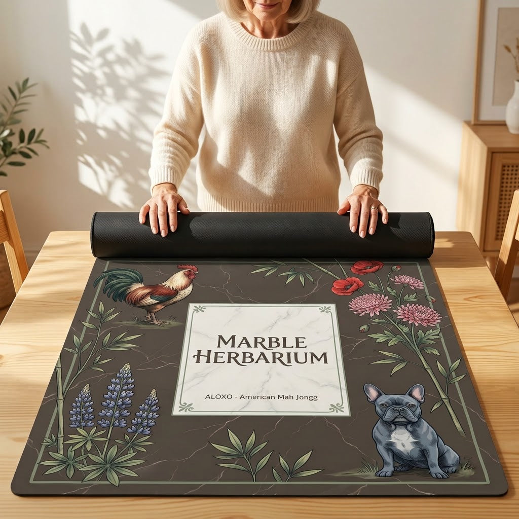 Woman unrolling the Marble Herbarium Garden mahjong mat across a card table