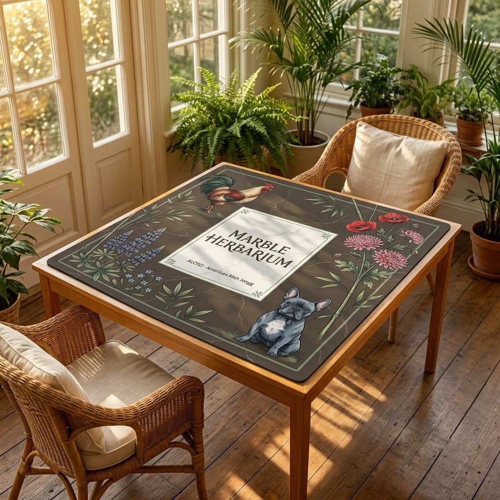 Marble Herbarium Garden mahjong mat on a card table in a sunroom with wicker chairs