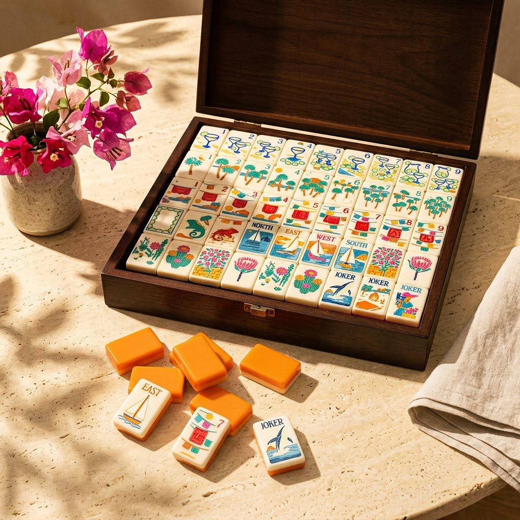 Margarita Coast mahjong set in its open wooden storage case