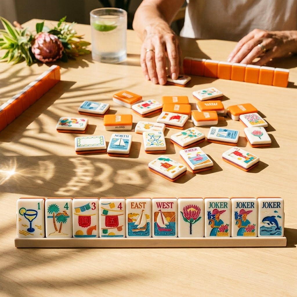 American mahjong game in progress with tiles racked and a cold drink on the table
