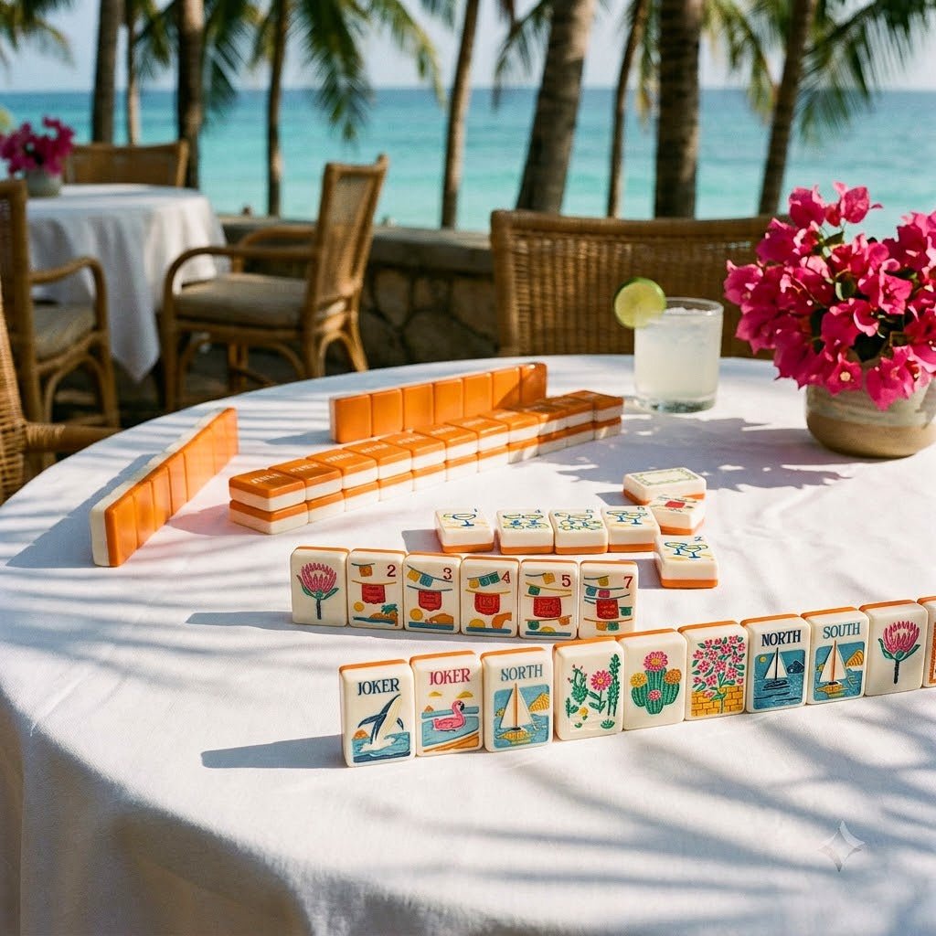Mahjong tiles set out on a linen covered table at a seaside beach club