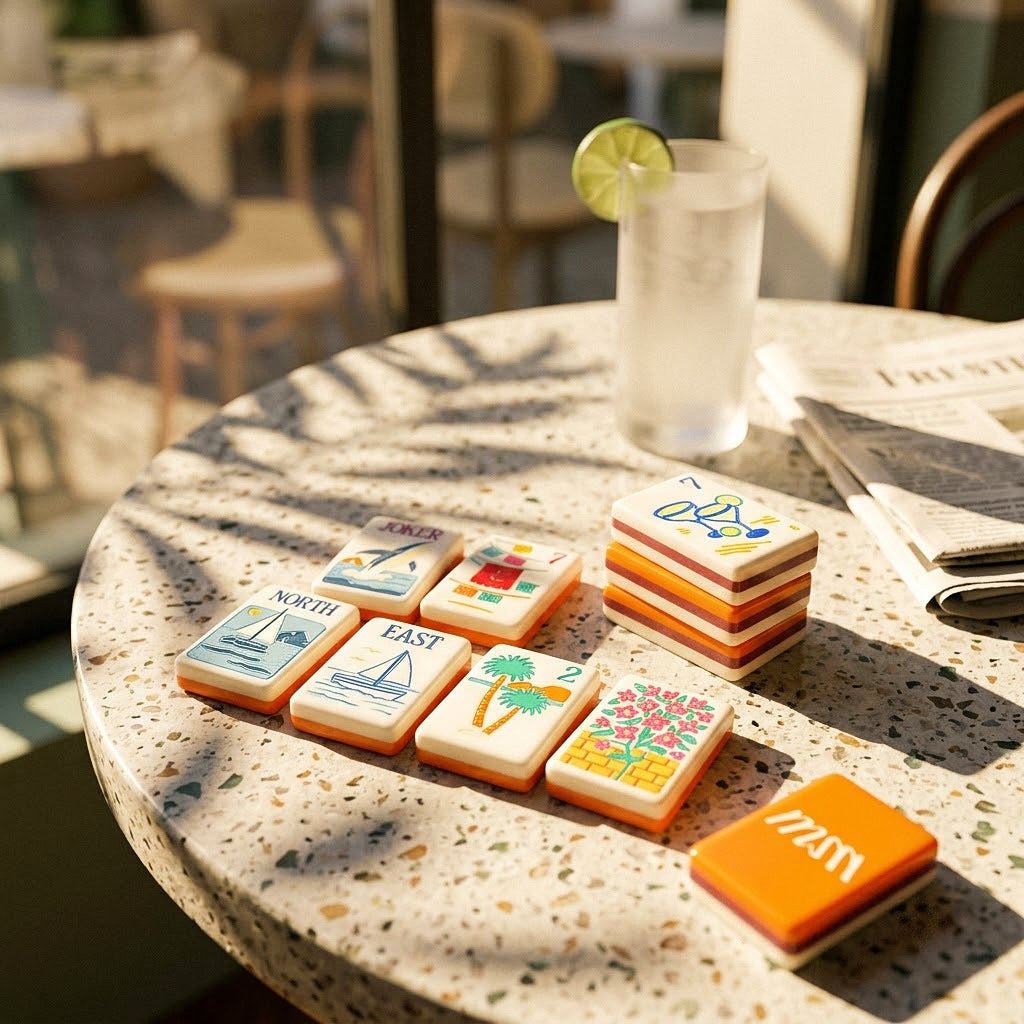 Mahjong tiles on a terrazzo terrace table with a lime drink