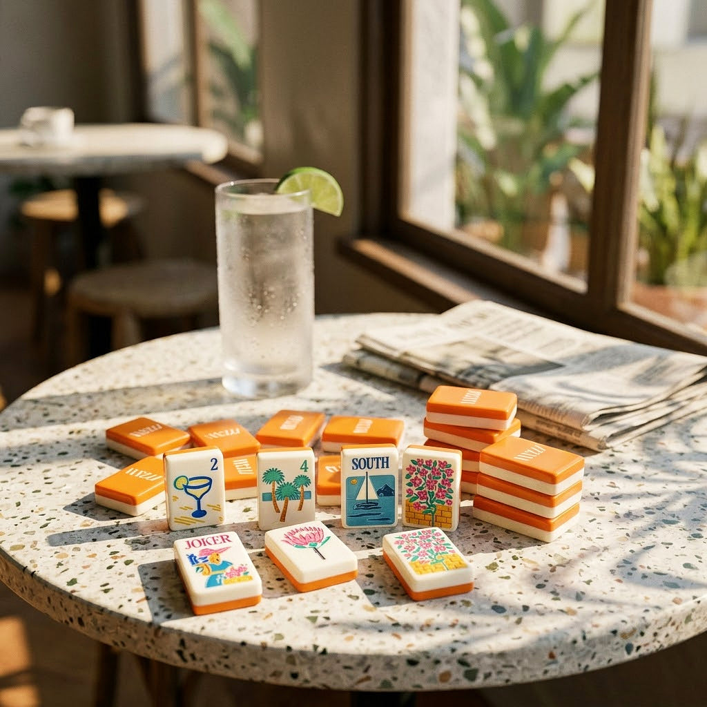 Margarita Coast mahjong tiles on a cafe table by a sunny window
