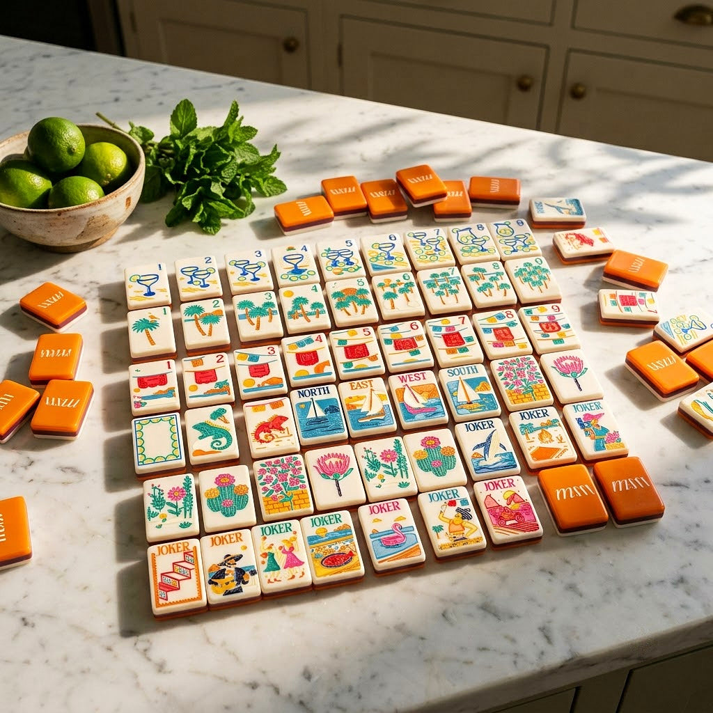 Margarita Coast tiles spread across a marble kitchen island with limes
