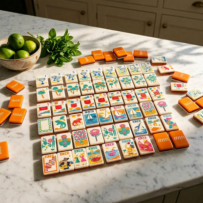 Margarita Coast tiles spread across a marble kitchen island with limes