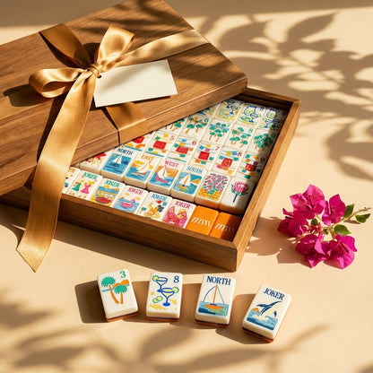 Margarita Coast mahjong set in a wooden gift box tied with ribbon
