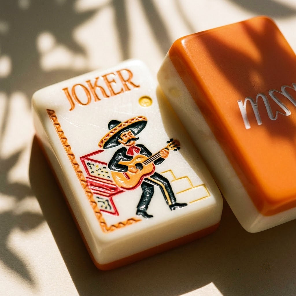 Macro of a mariachi Joker tile beside a tangerine tile back