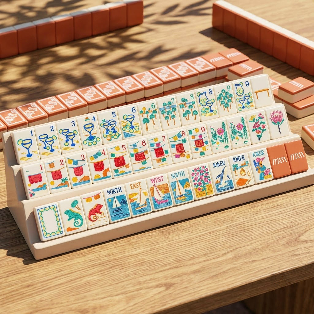 Racked line of Margarita Coast tiles on a wooden table, faces easy to read