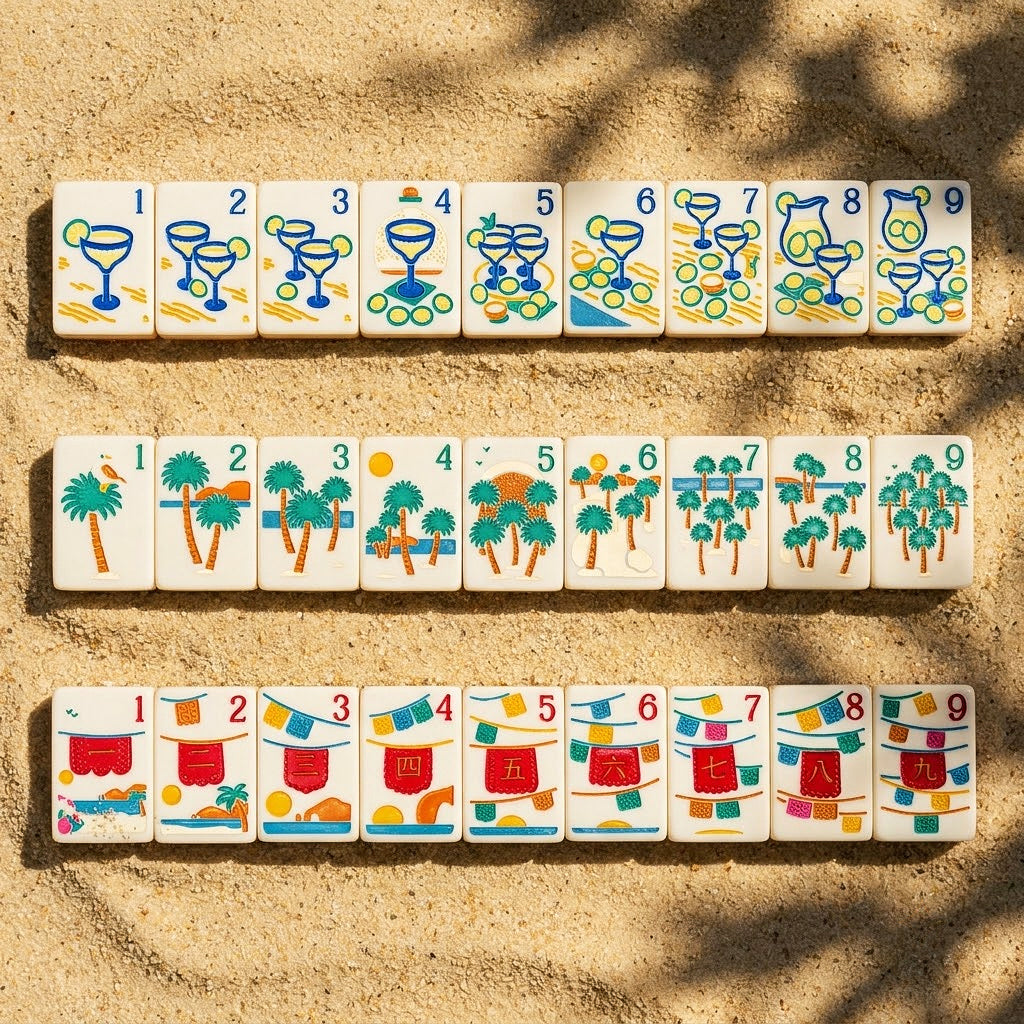 Margarita, palm and papel picado suits numbered one to nine on ivory tiles