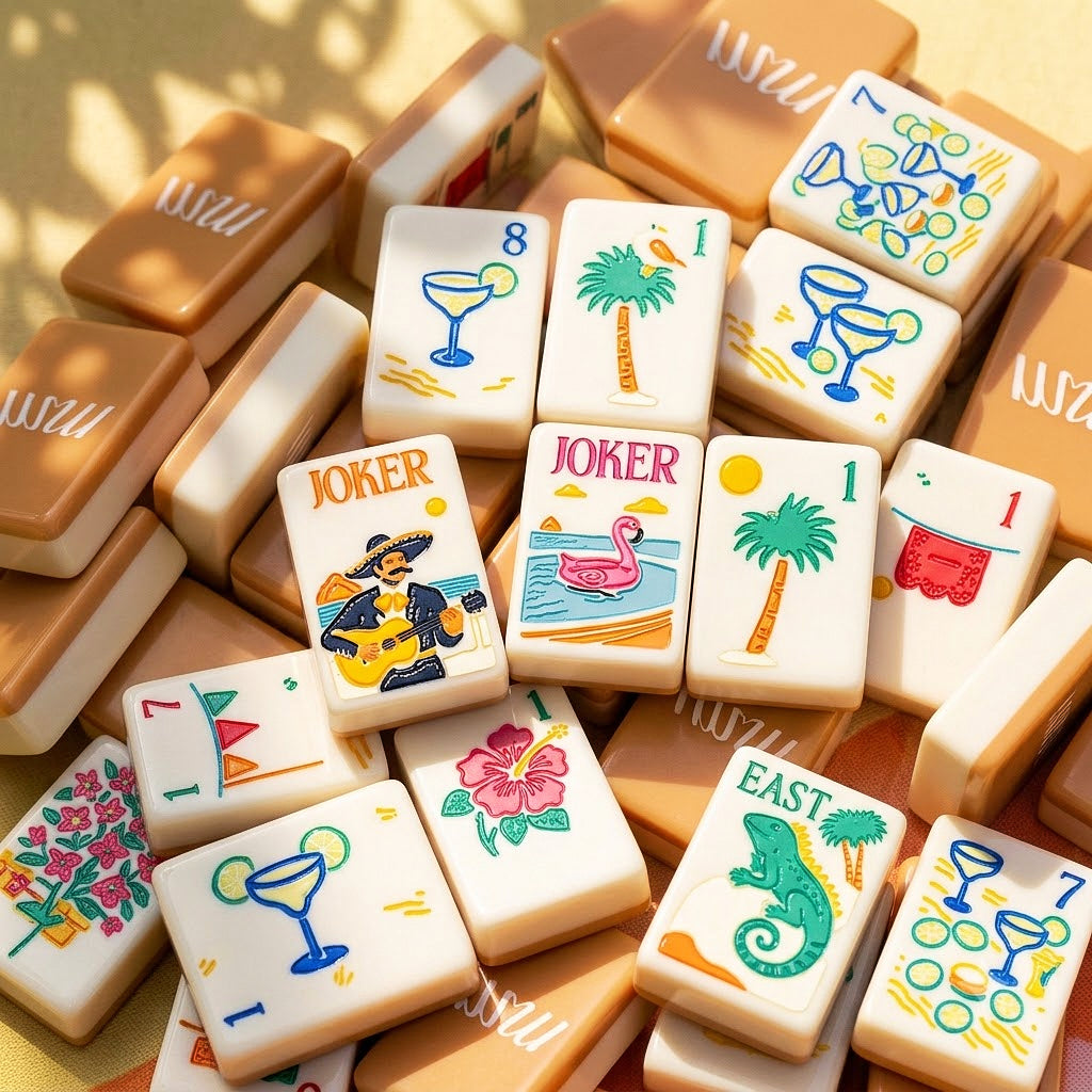 Close-up pile of Margarita Coast mahjong tiles showing faces, edges and tangerine backs