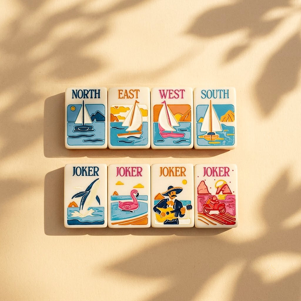 North East West South wind tiles with sailboat scenes, above the Joker tiles