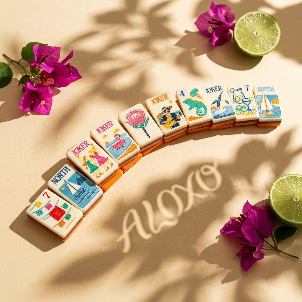 Margarita Coast mahjong tiles fanned in an arc beside bougainvillea and lime