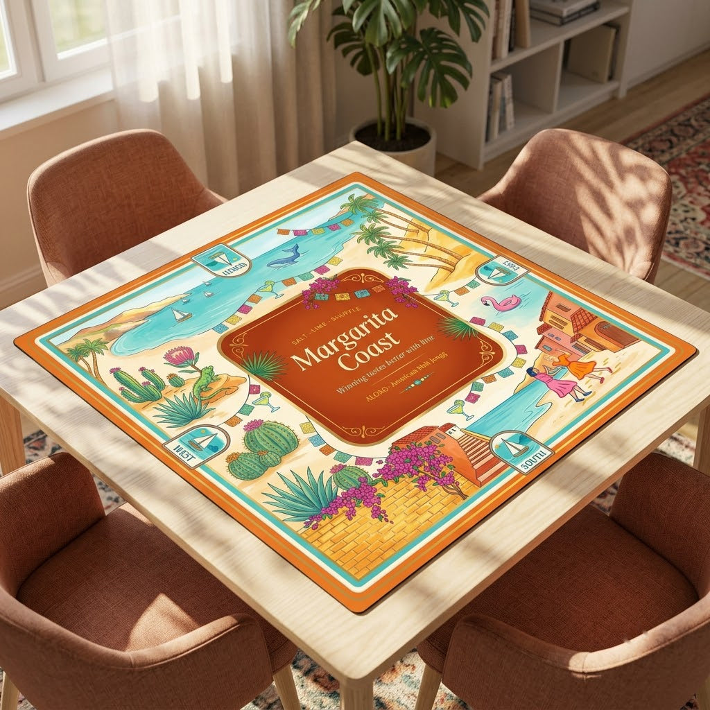 Margarita Fiesta mahjong mat on a square table with four chairs