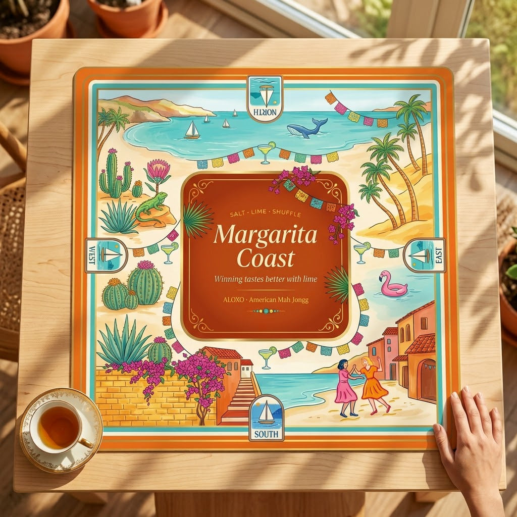 Margarita Fiesta mahjong mat laid out on a wooden table