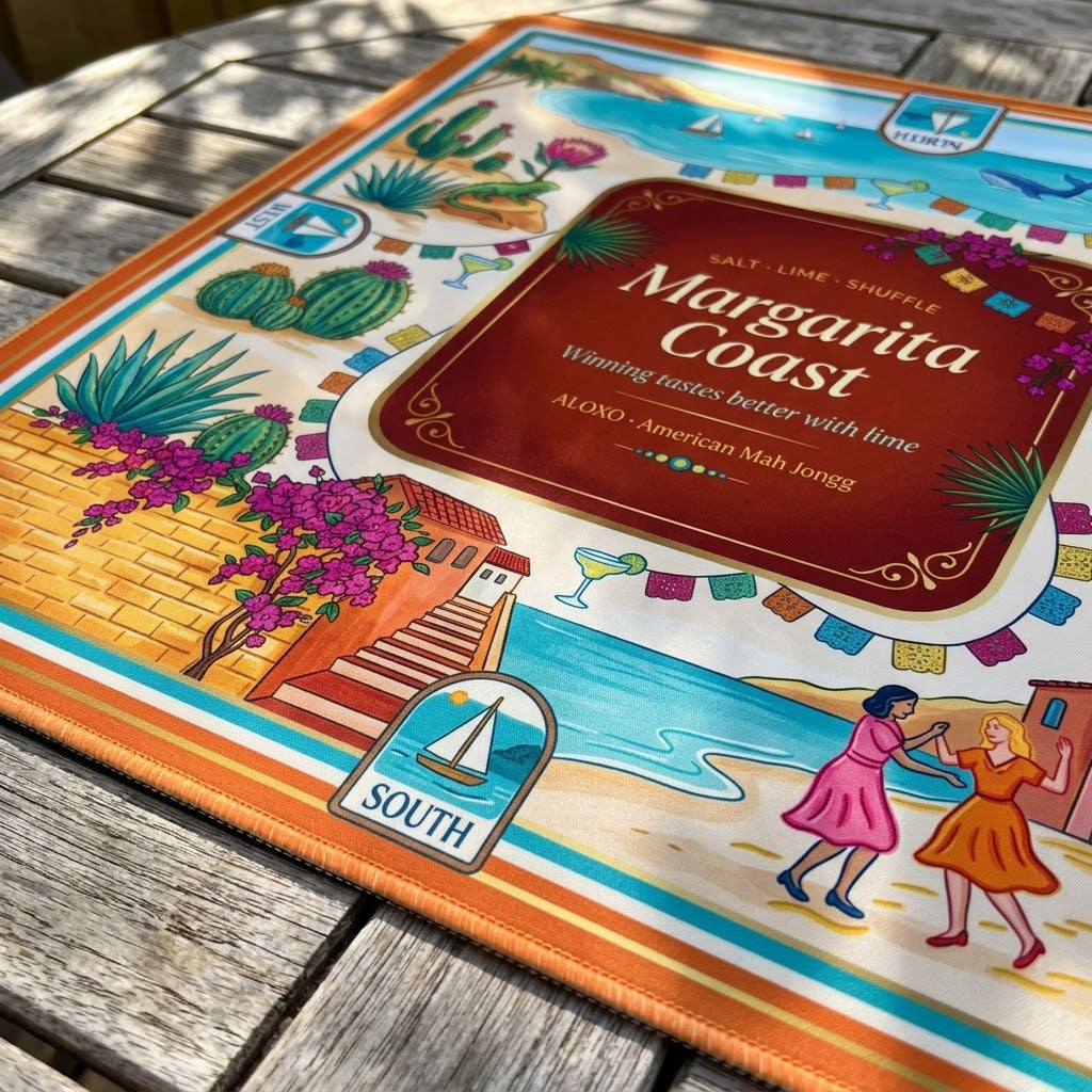 Close-up of the printed artwork on the Margarita Fiesta mahjong mat