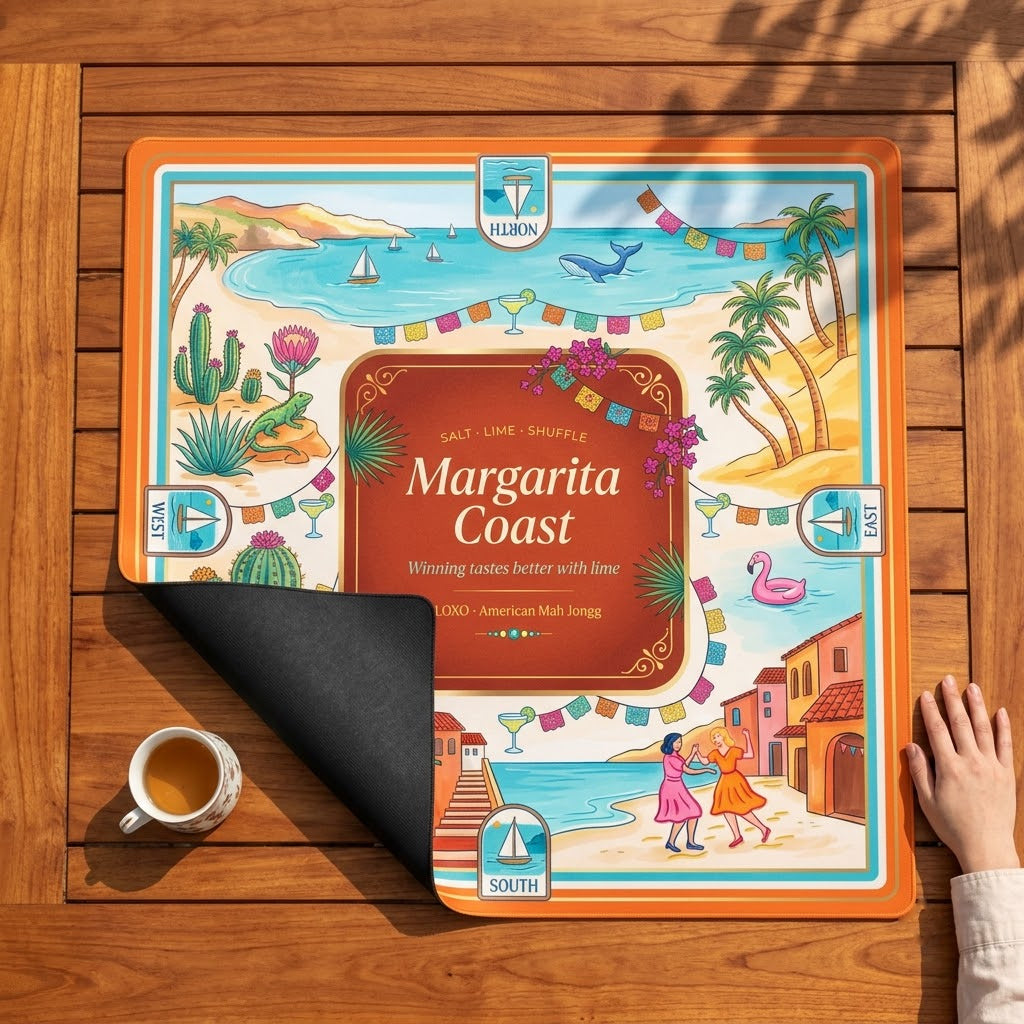 Margarita Fiesta mahjong mat with one corner folded back to show the black rubber underside