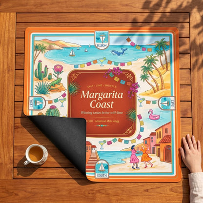Margarita Fiesta mahjong mat with one corner folded back to show the black rubber underside