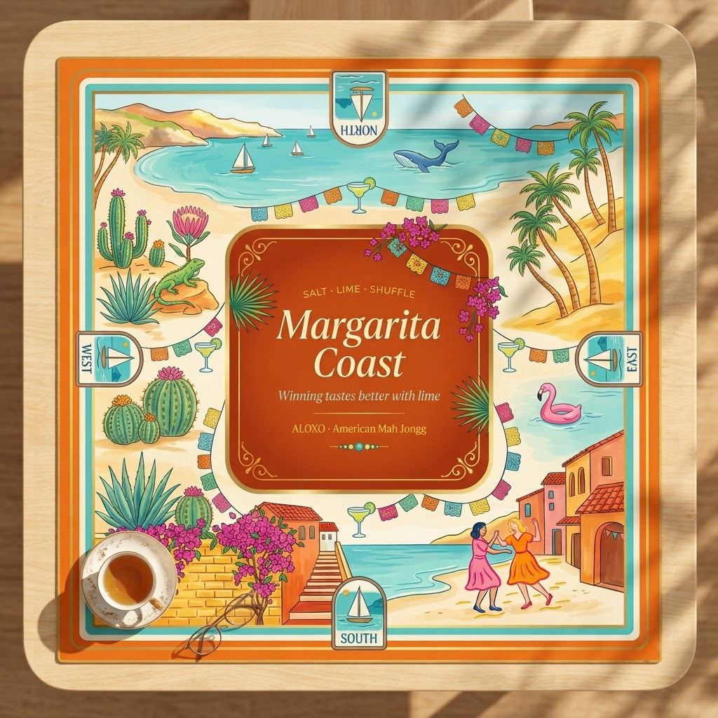 Margarita Fiesta mahjong mat on a table with a teacup beside it for scale